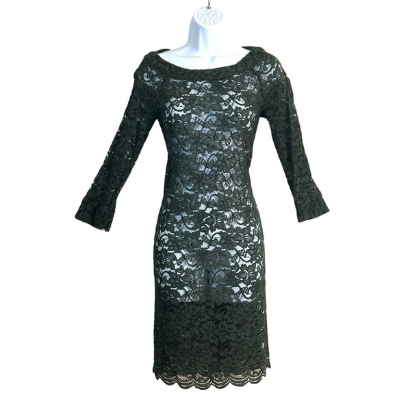 Diane Von Furstenberg Sheath Dress Olive Green Lace 3/4 Sleeve Sheer - Picture 8 of 8